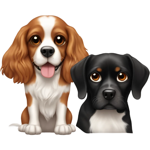 2 dogs, one small cavalier king charles with brown and white fur and one big black lab the small one on top of the big one  emoji