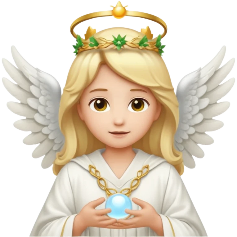 Emoji-style angel: blonde hair, laurel crown, halo, white wings, white robe, glowing orb, soft cute emoji look. emoji
