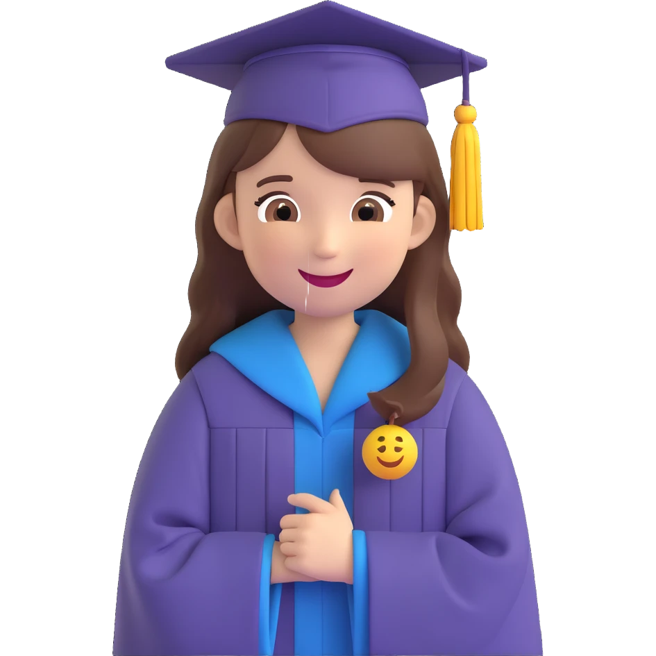 girl with long brown hair in graduation clothes with hat and robe smiling, emoji style emoji