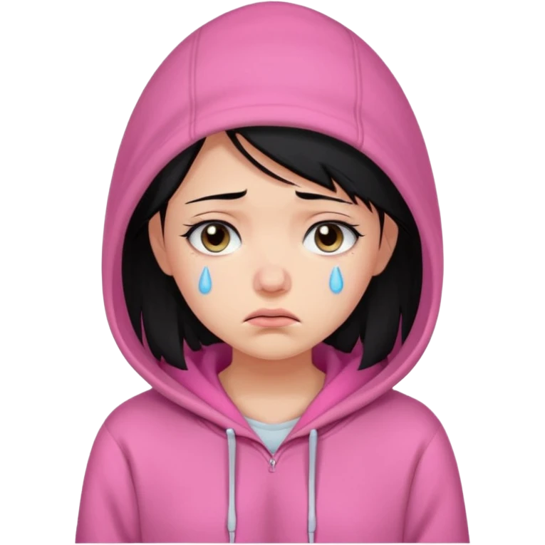 a portrait of sad girl, black hair, wear pink hoodie  emoji