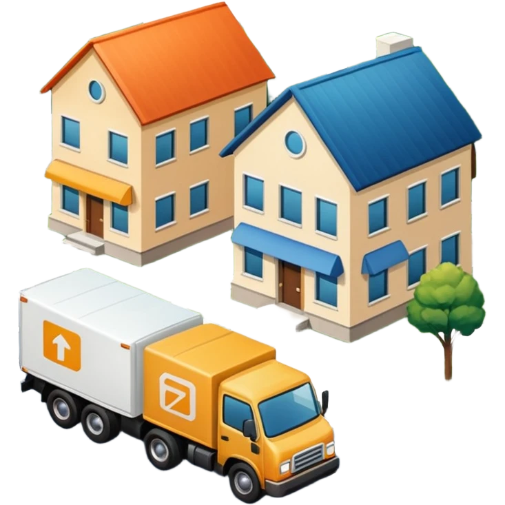 top view of a truck, package, company building, and residential house side by side, connected by street lines, clear symbols, friendly colors, neutral background emoji