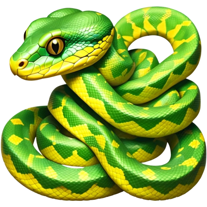 cinematic-green tree python-realistic-full-body-coiled-emoji,-thick-scaled-body-looped-tightly,-intricate-tellow and green-patterned-scales-reflecting-light,-head-tilted-dramatically,-slitted-eyes-staring-calmly,-simplified-yet-realistic-focused-feature emoji
