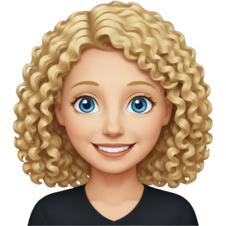 Middle aged woman with blonde curly shoulder-length hair, big blue eyes, wide smile, black shirt emoji