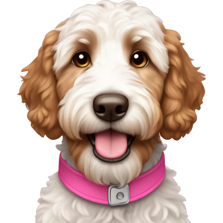 Brown and White golden doodle with a pink collar emoji