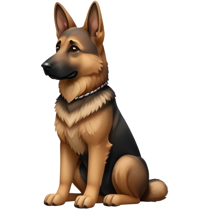 cinematic-[german shepherd]-realistic-full-body-sitting-emoji,-tail-resting-loosely-beside-its-paws,-head-tilted-dramatically,-sleek-[brown and black]-fur,-simplified-yet-realistic-focused-features,-highly-detailed,-glowing-with-an-almost-sarcastic-glow emoji