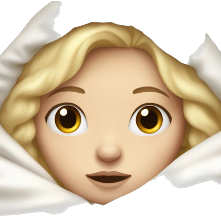 Pale Girl with blonde hair laying down cozy in a white blanket emoji