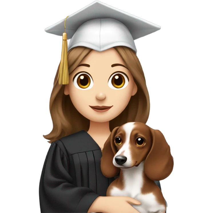 Brown haired white girl in graduation cap holding black long haired dachshund  emoji