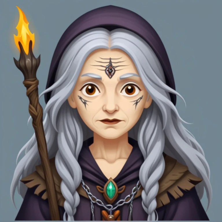 Baba Yaga sorceress woman with long wild hair, forest background emoji