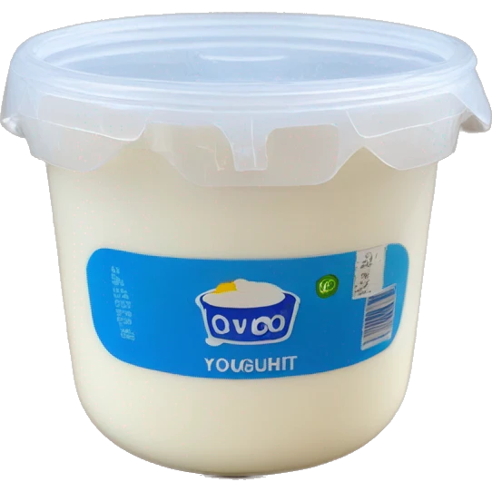 yoghurt in a small container with blue tag stating yoghurt emoji
