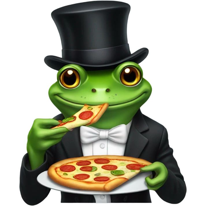Frog wearing a top hat eating pizza emoji