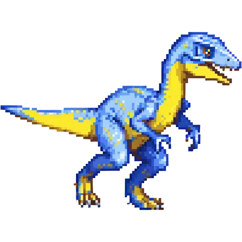 velociraptor, pixel art style, running pose, blue and yellow colors emoji
