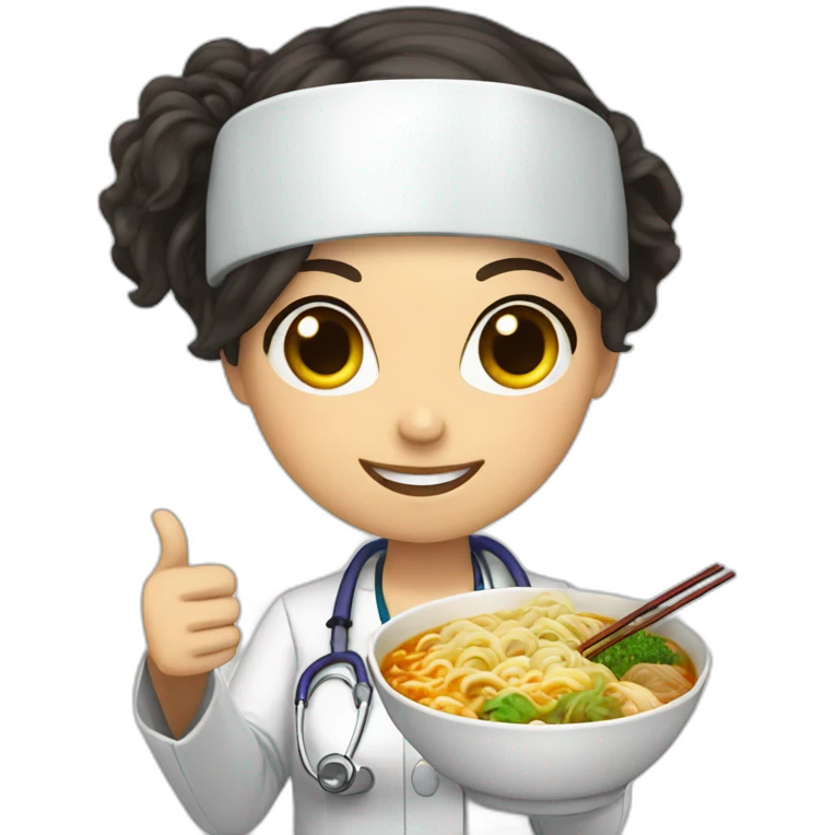 female doctor with dark hair eating ramen bowl with thumbs up emoji