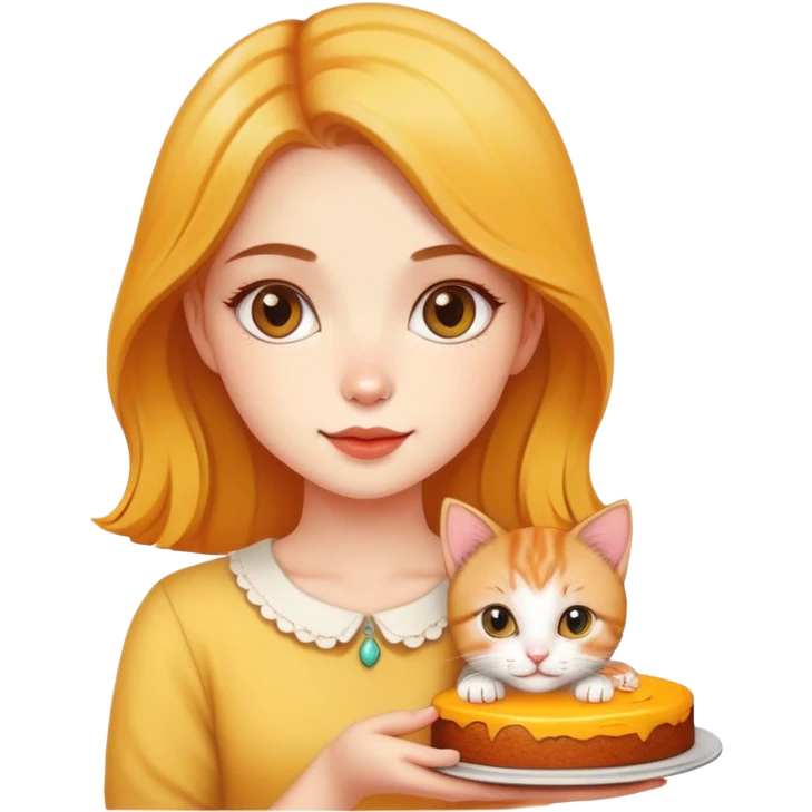 Beautiful girl holding a mango cake and a kitten emoji
