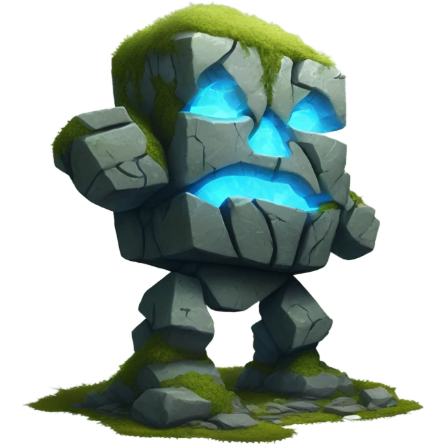 A massive stone golem made of rocky slabs and glowing energy veins, with moss covering parts of its body, standing tall with glowing blue cracks. emoji