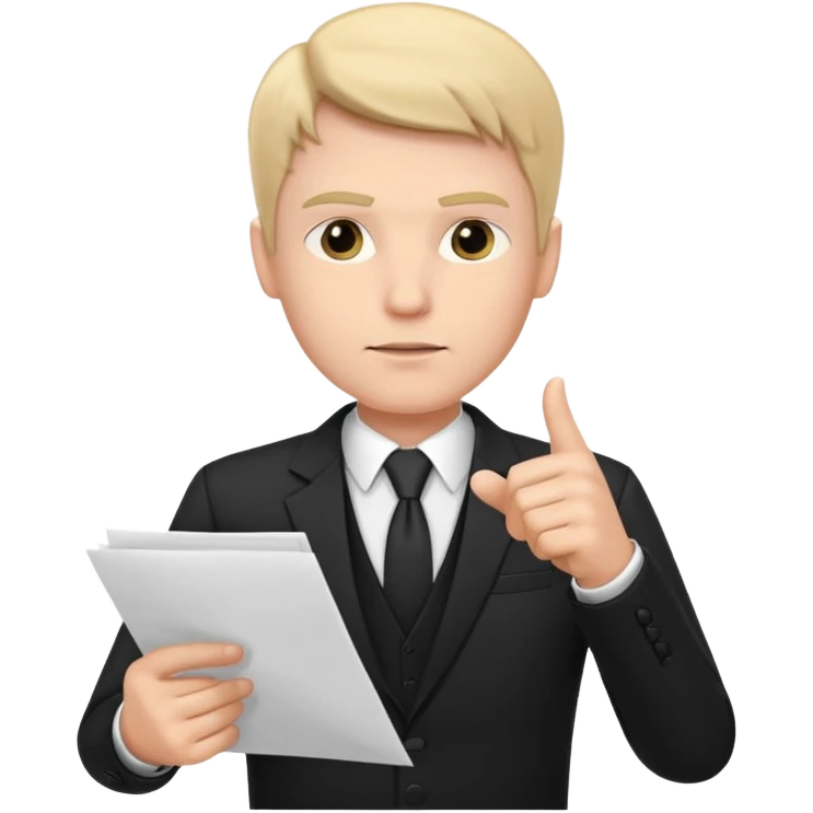 A white man in a black suit stands with a serious face and points at his hand holding papers. emoji