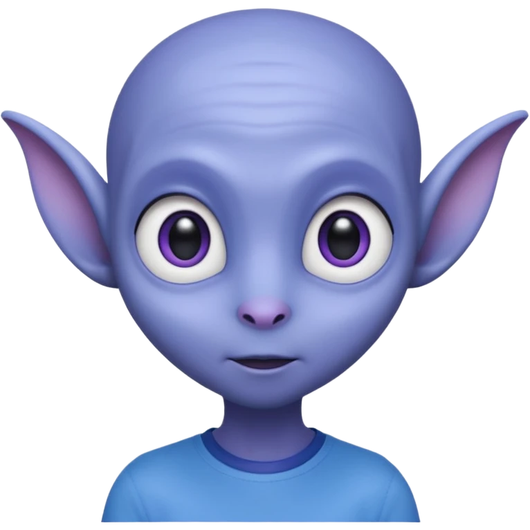 Portrait of an cute alien with smooth purple-blue skin, small antennae, large black oval eyes, small nose, and visible ears, elongated head, front-facing, wearing blue t-shirt, soft glow, simple futuristic design emoji