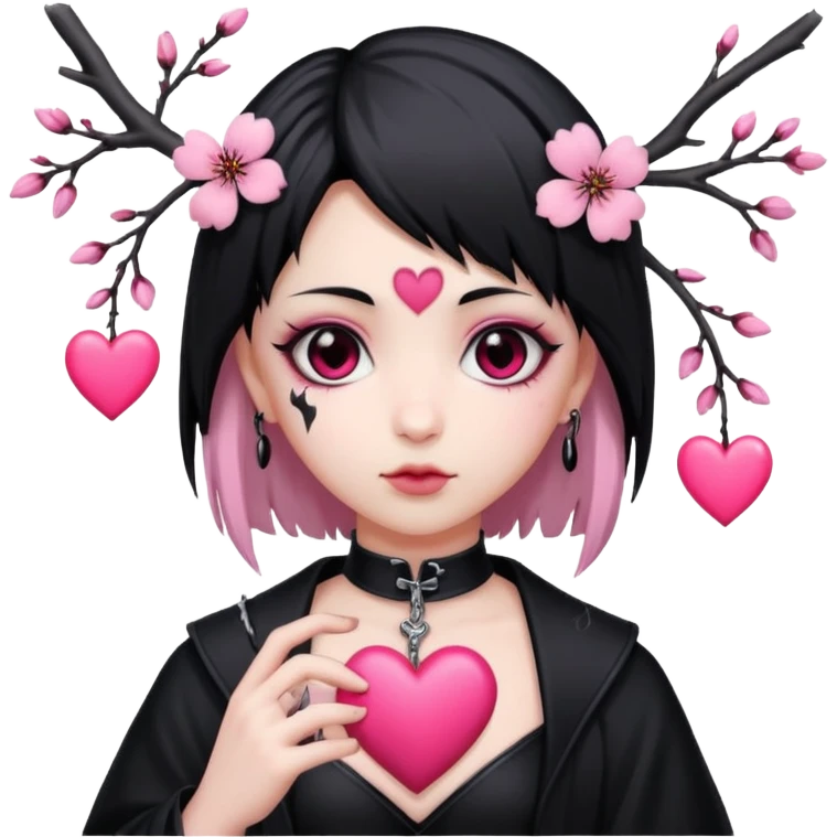 goth sakura heart, heart pierced by sakura branch, black and pink emoji