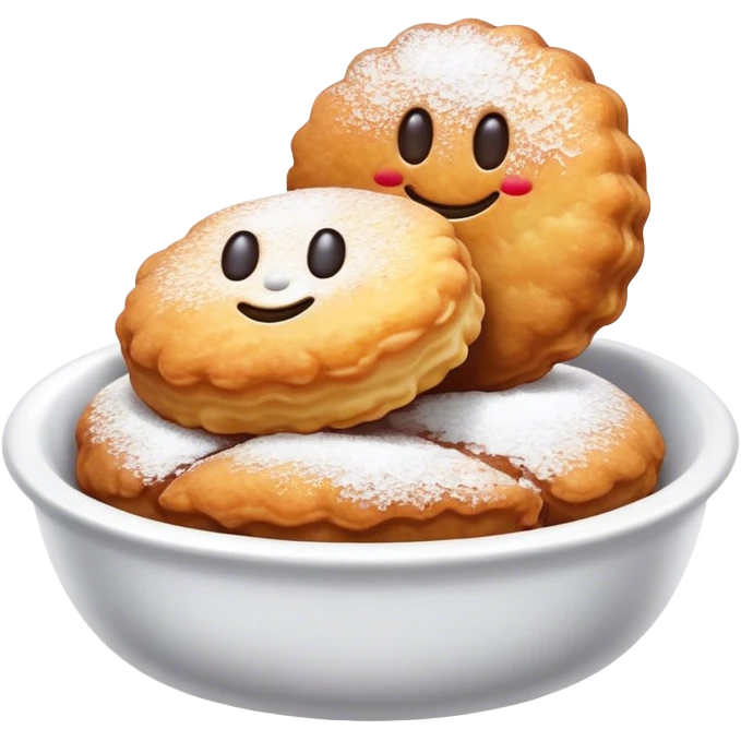 Buñuelo Cinematic Realistic Buñuelo Dessert Emoji, depicted as perfectly round, fluffy fritters served in a small bowl with a dusting of powdered sugar, rendered with vibrant textures and warm, inviting lighting. emoji