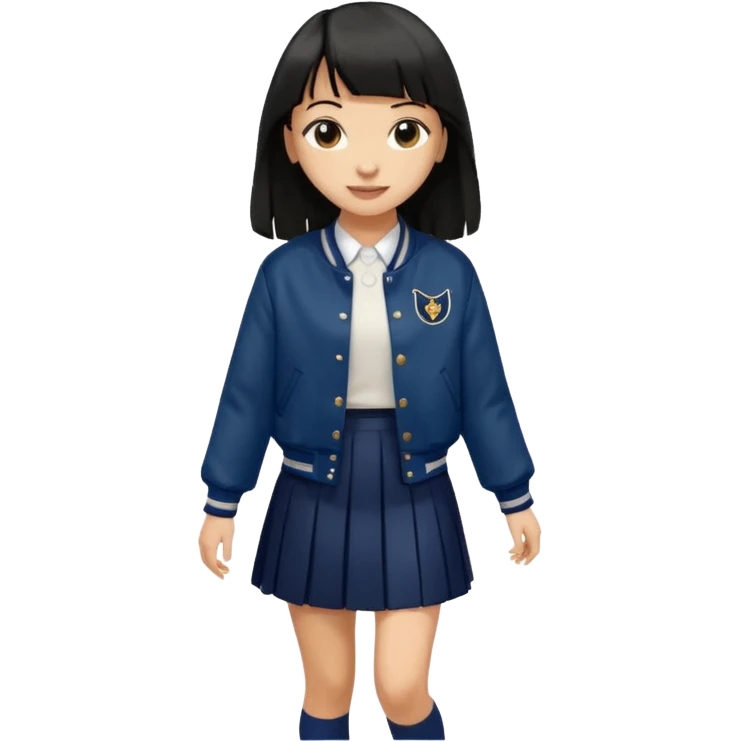 hair : black long hair with fringe 
skin : light 
outer : deep brown varsity jacket (oversize) 
skirt : navy long long school girl skirt (under knee)  
motion : walking alone 


 emoji