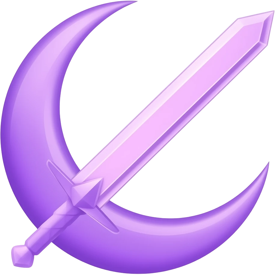 Glowing purple detailed crescent moon with an elegant detailed glowing purple transparent sword, emoji style. Soft violet and pink glow, minimal clean design, smooth edges, subtle lighting, centered, high contrast, transparent background. emoji