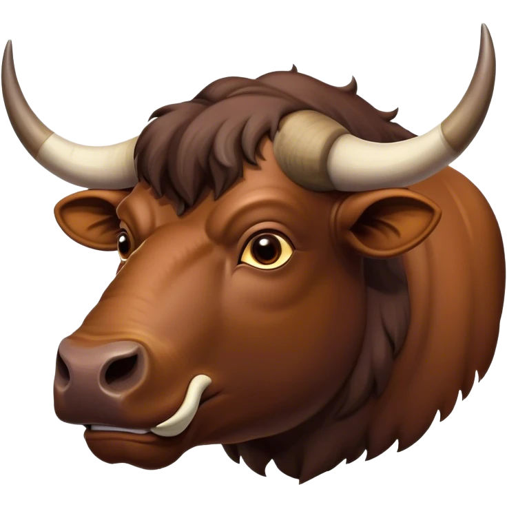 Cinematic Noble Domestic Ox Portrait Emoji, Poised and stalwart, with a massive, muscular build and a thick, smooth hide in deep earthy tones, prominent, curved horns, and steady, soulful eyes, Simplified yet sharp and sophisticated features, highly detailed, glowing with a warm, dignified glow, high shine, intelligent and dependable, stylized with an air of timeless strength, focused and attentive, soft glowing outline, capturing the essence of a watchful and confident ox that feels as though it could plod out of the screen with effortless authority! emoji