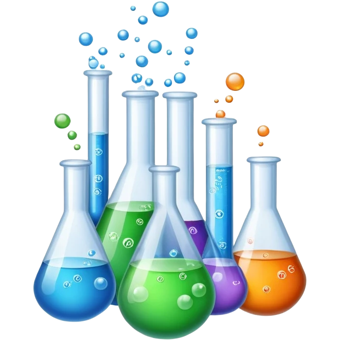 An icon featuring laboratory flasks with tubes, symbolizing chemistry. The design includes liquid and powder substances, a chemical reaction with bubbles, and molecular formulas, representing chemical processes like hydrolysis. Transparent background emoji