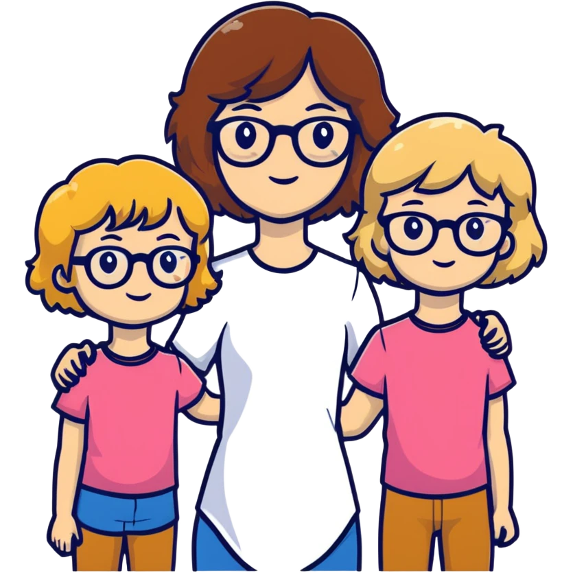 a mom and her 2 daughters together, mom has blond hair with bangs and wears glasses, first daughter has brown curly hair also wears glasses and the second daughter has light brown wavy hair with sidebangs and alse is wearing glasses emoji