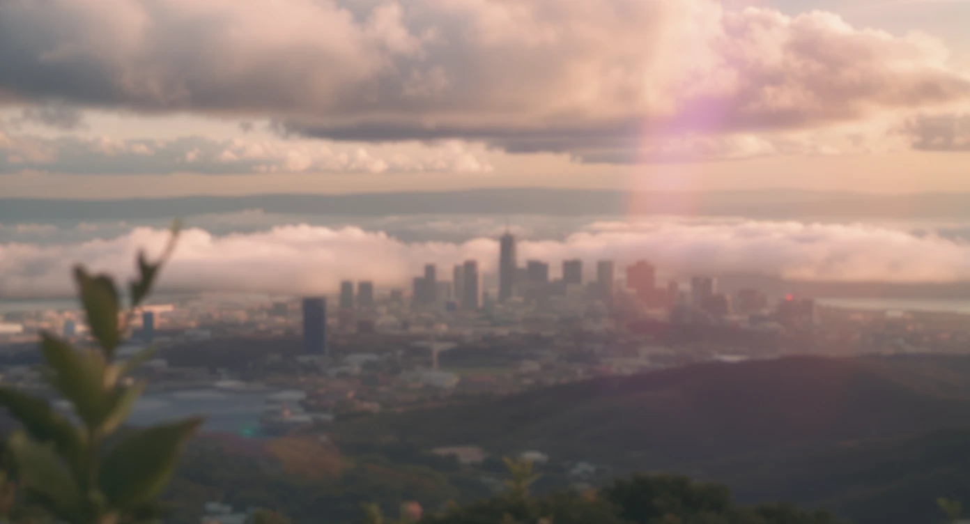 A cinemaatic still of a city, blurred plants in the foreground, shale fly above city sky, rolling hills in the background, cinematic depth of field, layered composition, natural lighting emoji