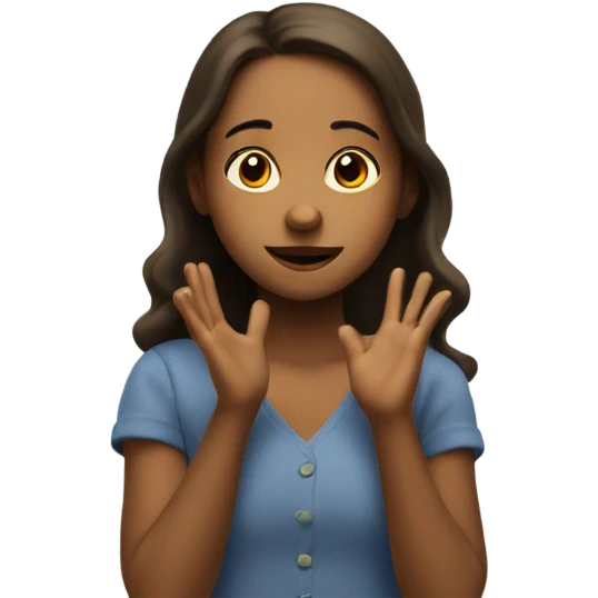 young girl with hands extended outward, surrounded by floating question marks emoji