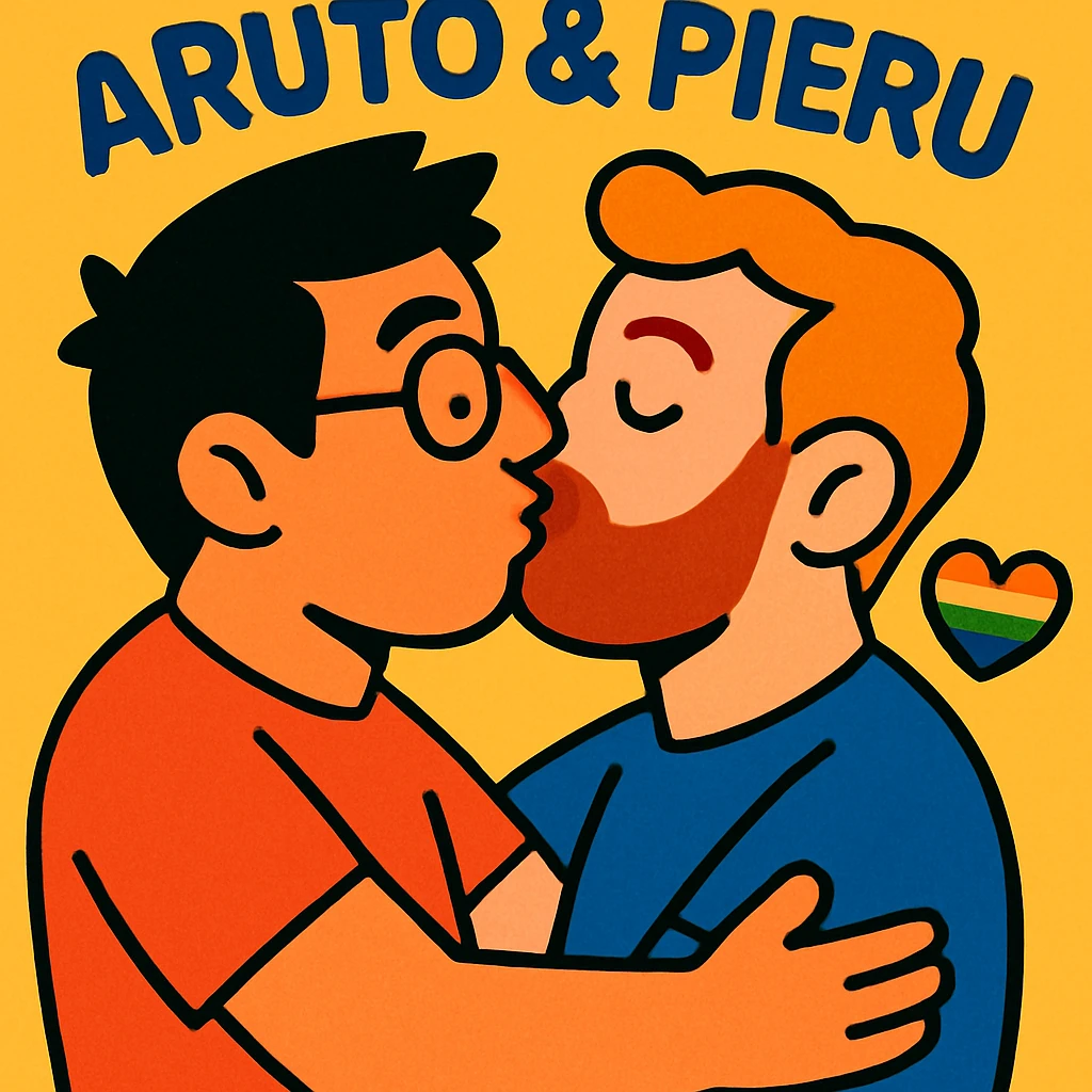 a gay couple kissing, with 'aruto & pieru' written above, in a warm, inclusive, and affectionate style emoji