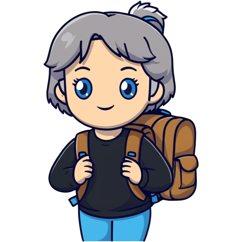 white woman park ranger with blue eyes, brown and gray hair, wearing a backpack emoji
