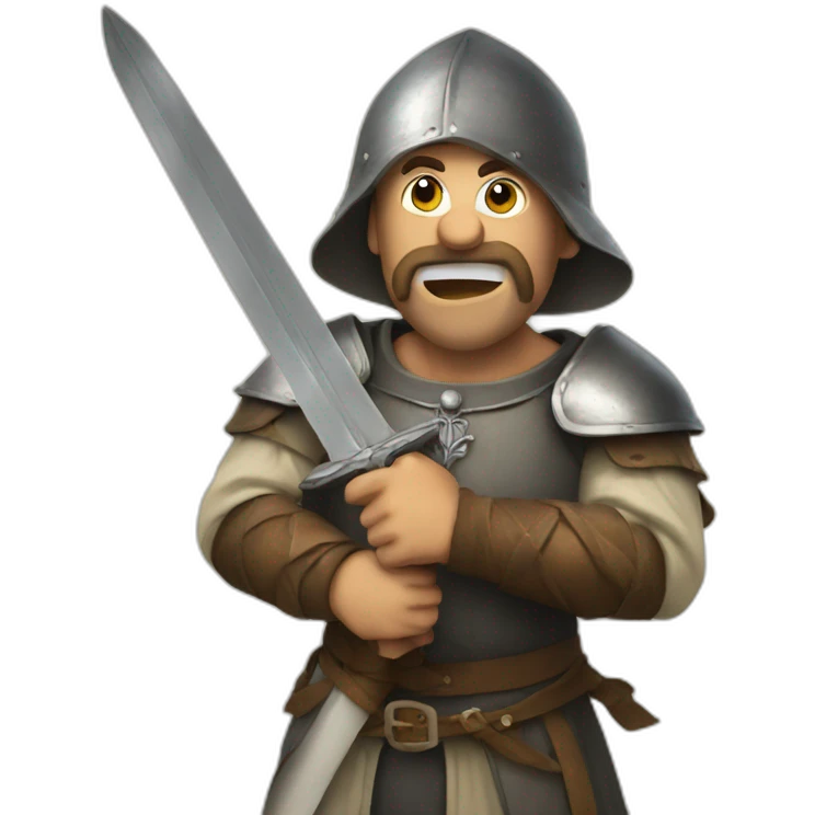medieval man with a sword coming out of his mouth, looking up emoji