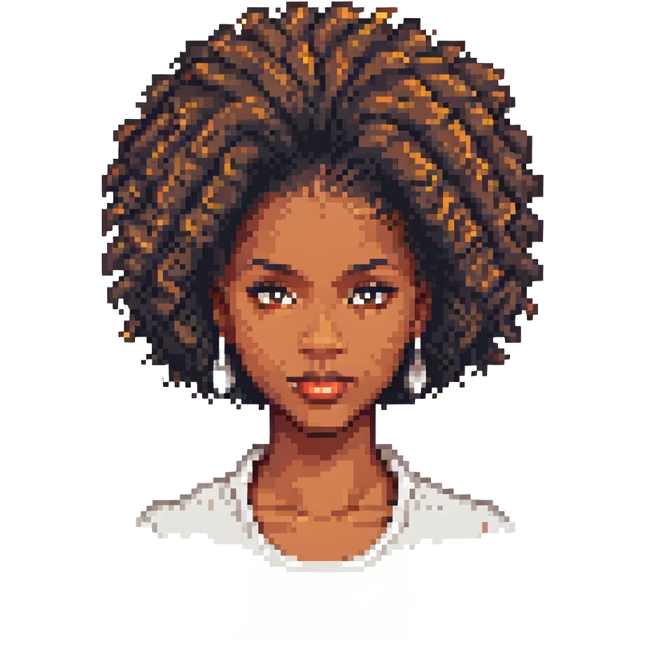 black woman with natural hair, looking confident, pixel art style emoji