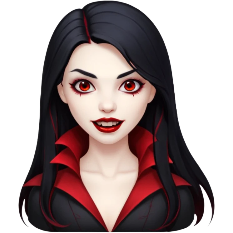Beautiful vampire woman with long black  hair and red highlights showing fangs  emoji