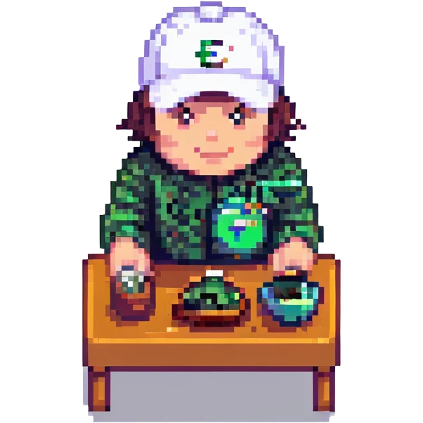 white man with a white cap playing with money, pixel art style emoji