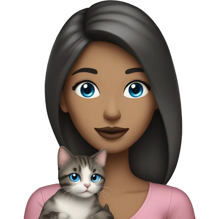 Woman with dark long hair, pink lips and blue eyes holding a tabby cat  emoji