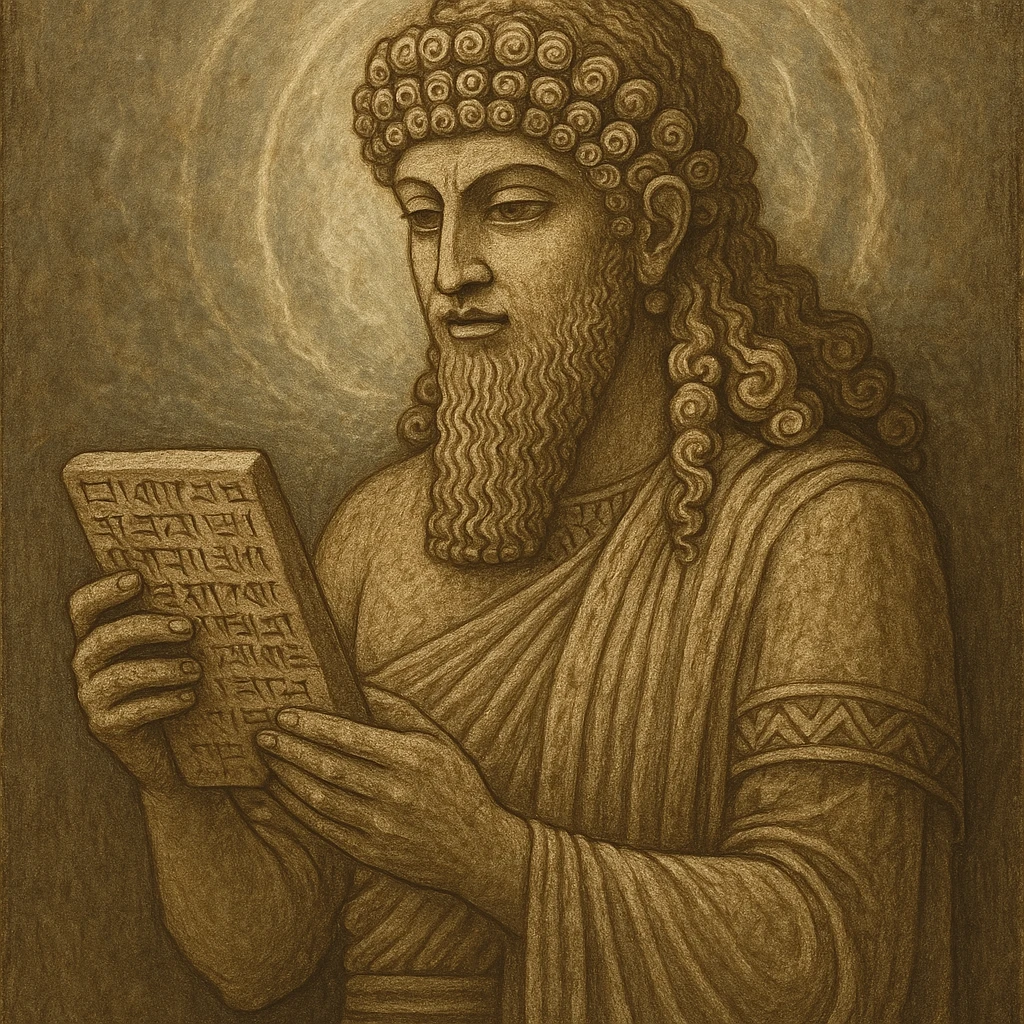 A Sumerian deity with elaborate curly hair, holding and reading a cuneiform tablet, wearing traditional robes, mystical aura, ancient style emoji