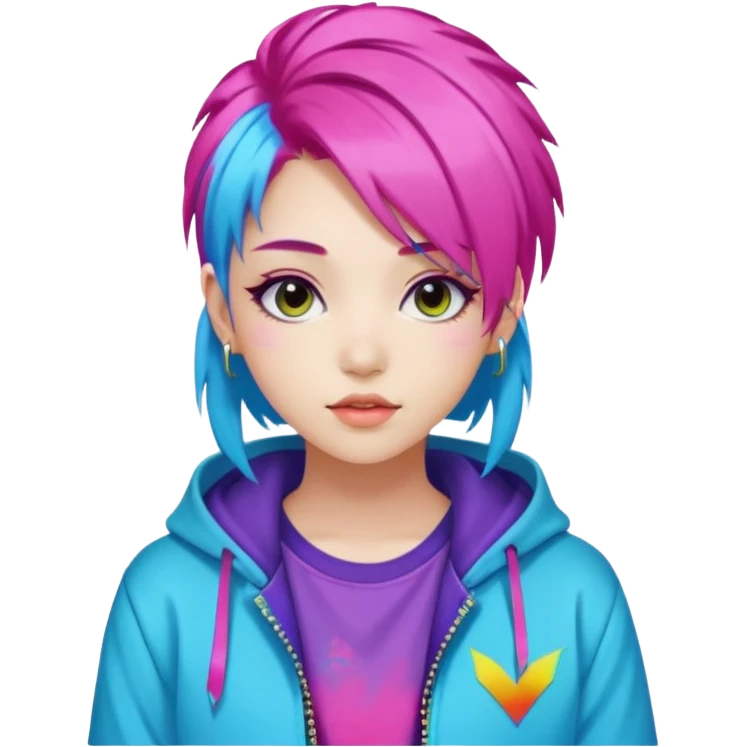 portrait of young woman idol in Kpop style, wearing flashy streetwear outfit, colorful dyed hair emoji