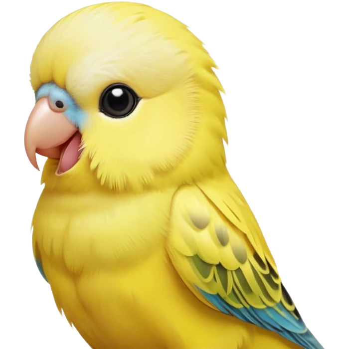 Cinematic Cute Yellow Budgie Portrait Emoji, Head tilted playfully and inquisitively, featuring a radiant yellow feathered fur with a natural sheen, round, sparkling dark eyes filled with curiosity, Simplified yet irresistibly adorable features, highly detailed, glowing with a warm, friendly glow, high shine, affectionate and lively, stylized with a touch of whimsy, bright and endearing, soft glowing outline, capturing the essence of a mischievous yet loving budgie, so playful it feels like it could chirp out of the screen and into your arms! emoji