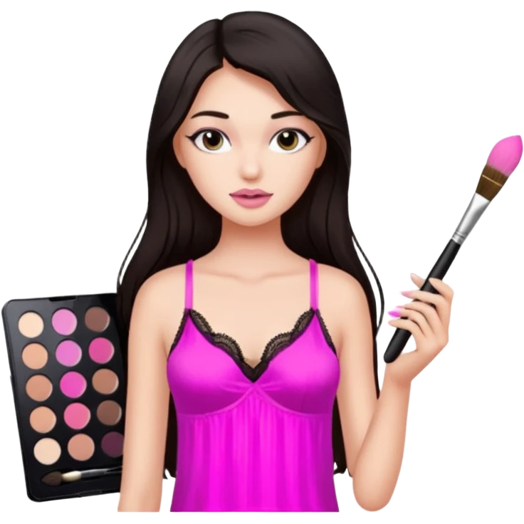 Dark long hair girl wearing pink victorias secret sleepwear that looks like a tank top with lace is holding a normal makeup brush. emoji