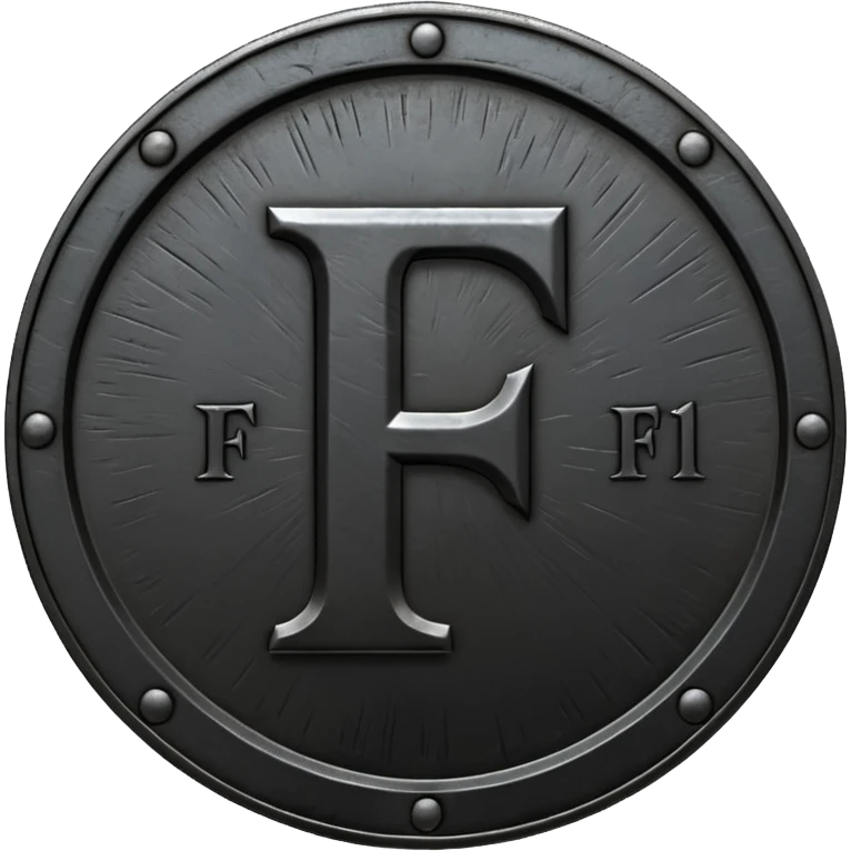 Minimal emoji, gothic metal coin made of black steel, engraved number f at the center, ancient industrial aesthetic, worn metal texture, no glow, no neon, flat emoji design, centered, transparent background emoji