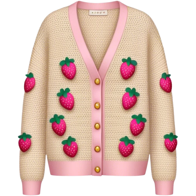 beige crocheted cardigan embroidered with small pink strawberries emoji