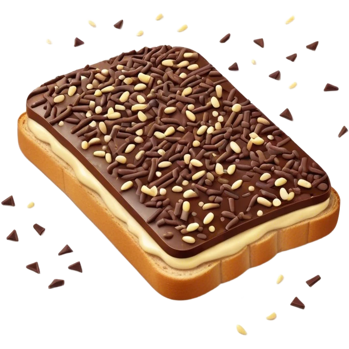 Hagelslag Cinematic Realistic Hagelslag Treat Emoji, depicted as crunchy chocolate sprinkles scattered on a slice of buttered bread, rendered with vivid textures and playful, inviting lighting. emoji