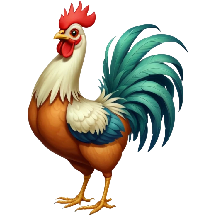 A funny rooster chicken with blue-greenish body, red comb, large eyes and silly expression, skinny legs emoji