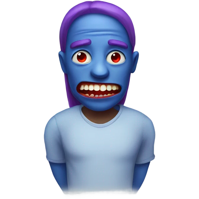 blue person with giant red eyes and purple teeth emoji
