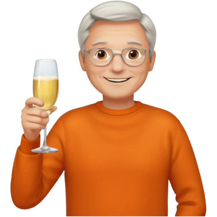 a happy, vibrant healthy man 60ish with a glass of champagne wearing an orange sweater emoji
