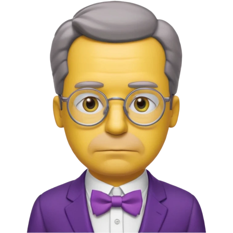 simpsons yellow man with neatly parted brown-gray hair, thick rectangular eyebrows, large round eyes behind thin glasses, a pointed nose, and a green suit with a white collar and purple bow tie. emoji