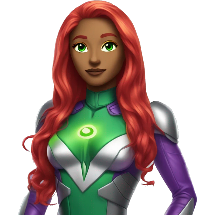 dc comics starfire glowing green eyes red long hair, purple and silver spacesuit with no helmet emoji