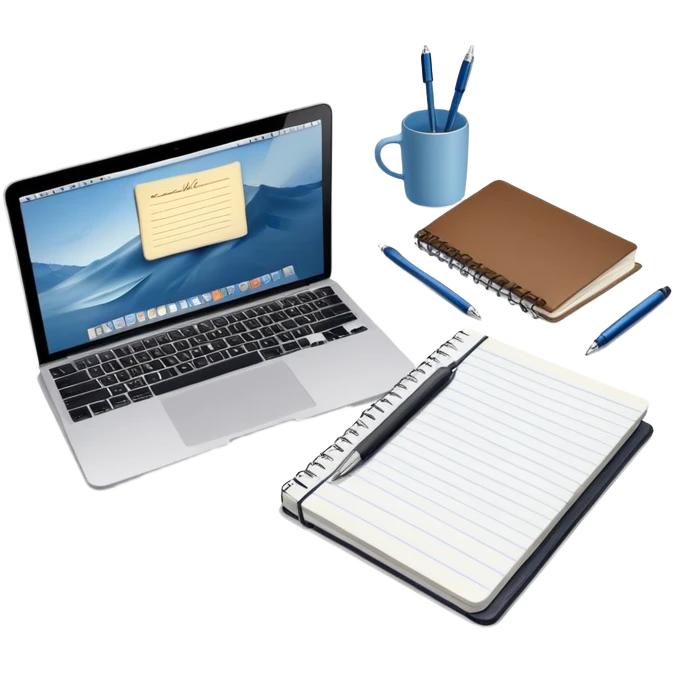 top view of a MacBook and a notebook with a pen nearby, notebook with visible notes emoji