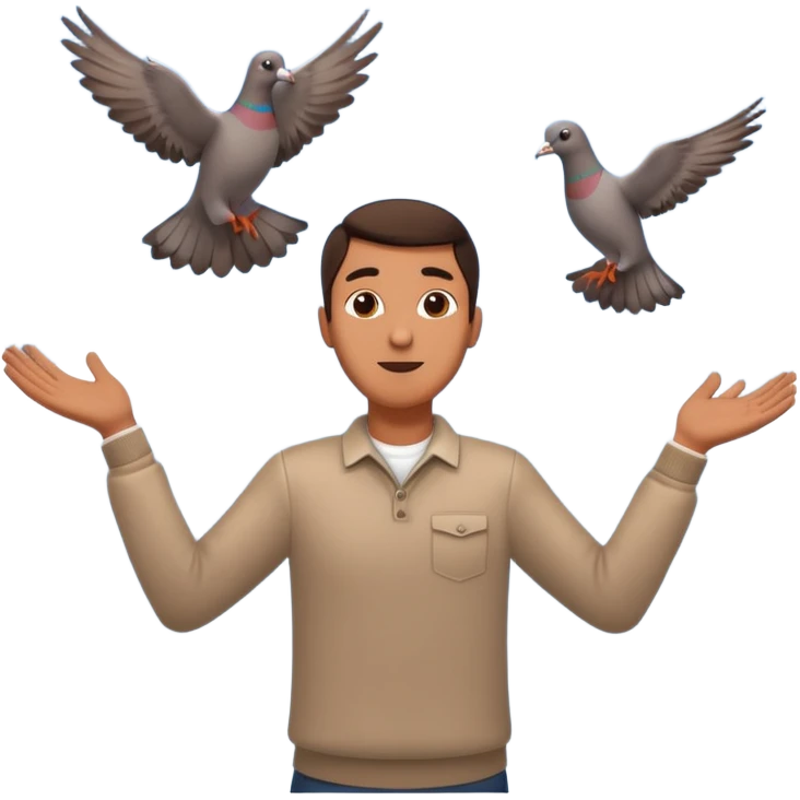 man open arms looking at a flying pigeon emoji